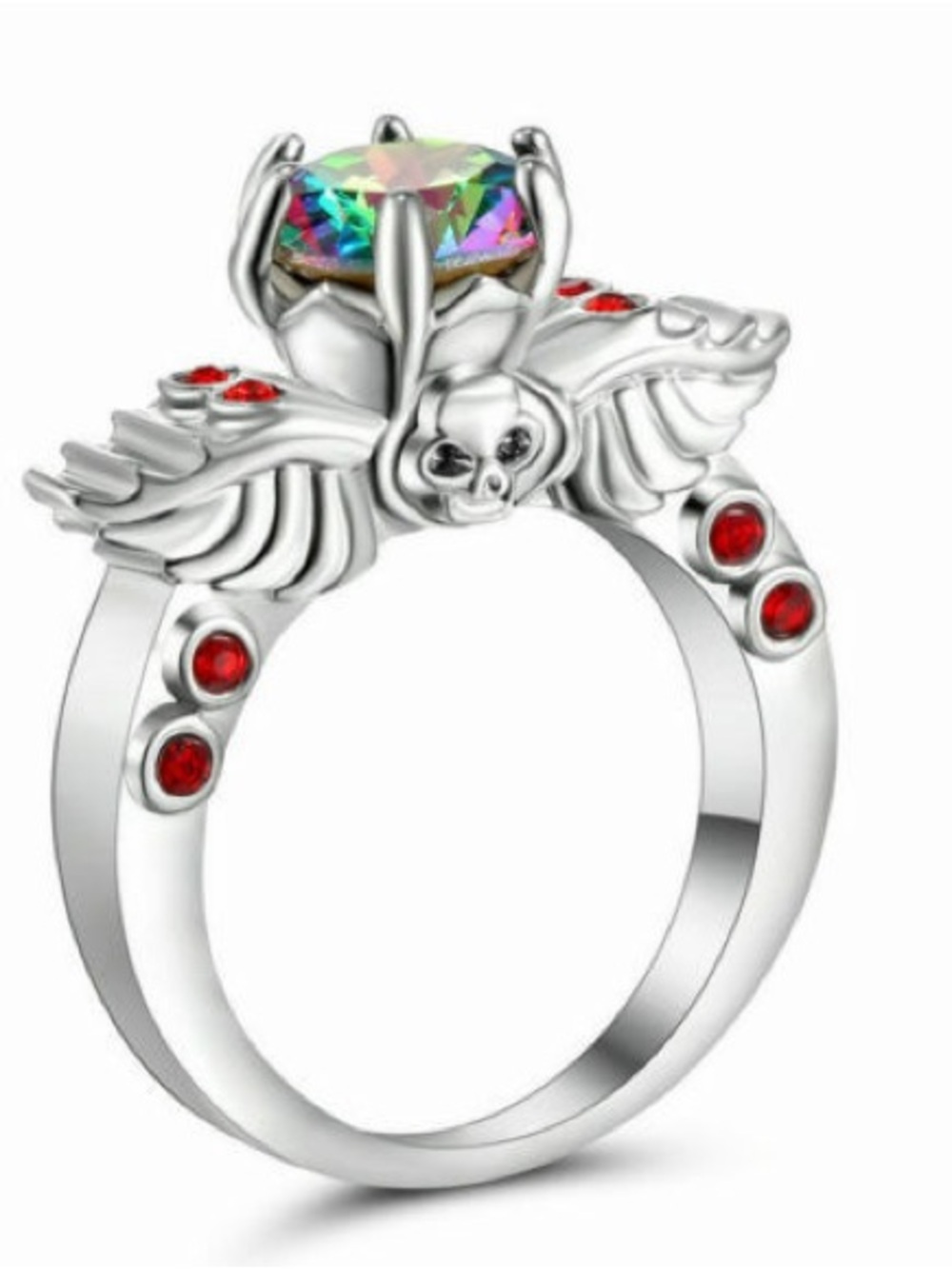 Silver Winged Skull Ring with Rainbow Stone and Red Accents